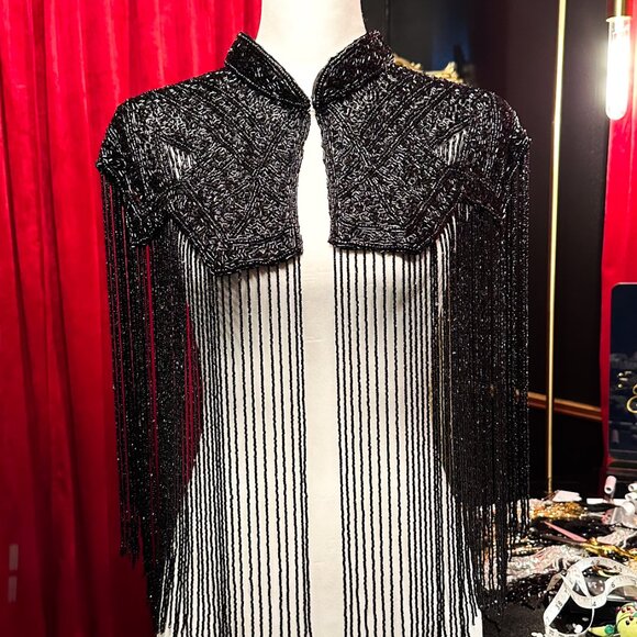 Black Fringe Cape, Beaded Rhinestone Shawl, Luxury Sequin Cape - Picture 11 of 13